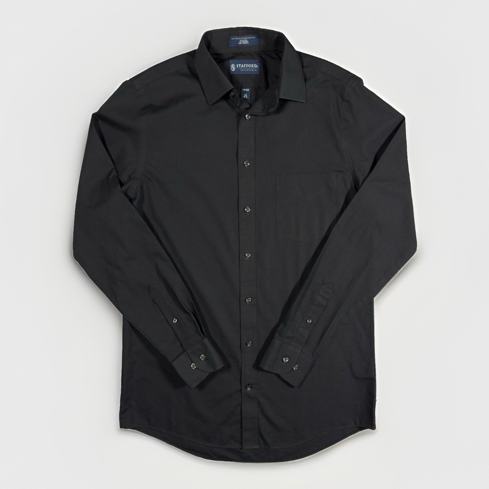 Stafford Essentials Mens 15 34/35 Black Fitted Broadcloth Dress Shirt Cotton